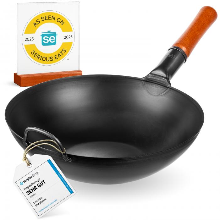 34cm Wok en Acier au Carbone Noir (Fond Plat, Pré-Assaisonnés)