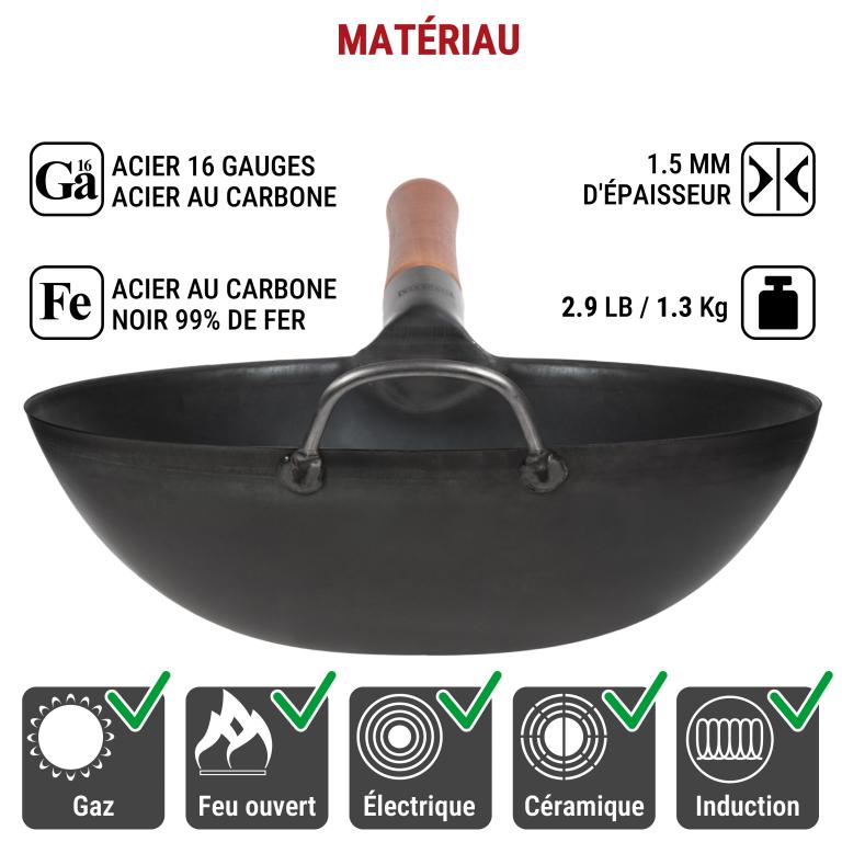 Yosukata 30cm Wok en Acier au Carbone Noir (Fond Plat, Pré-Assaisonnés)