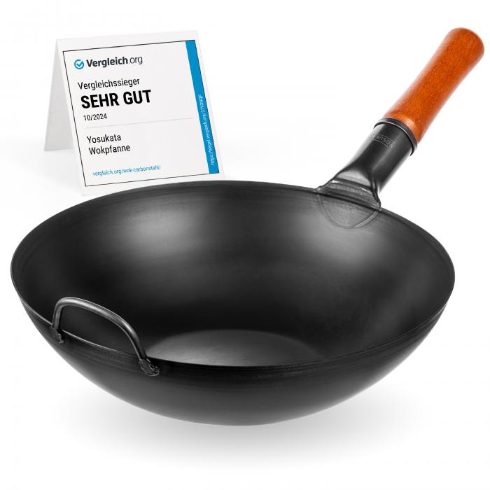 34cm Wok en Acier au Carbone Noir (Fond Plat, Pré-Assaisonnés)