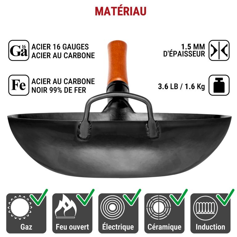 Yosukata 34cm Wok en Acier au Carbone Noir (Fond Plat, Pré-Assaisonnés)