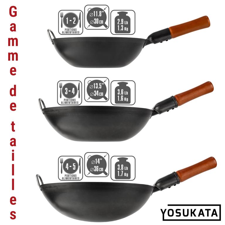 Yosukata 34cm Wok en Acier au Carbone Noir (Fond Plat, Pré-Assaisonnés)