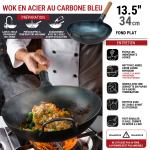 Small Yosukata 34cm Wok en Acier au Carbone Bleu (Fond Plat, Pré-Assaisonnés)
