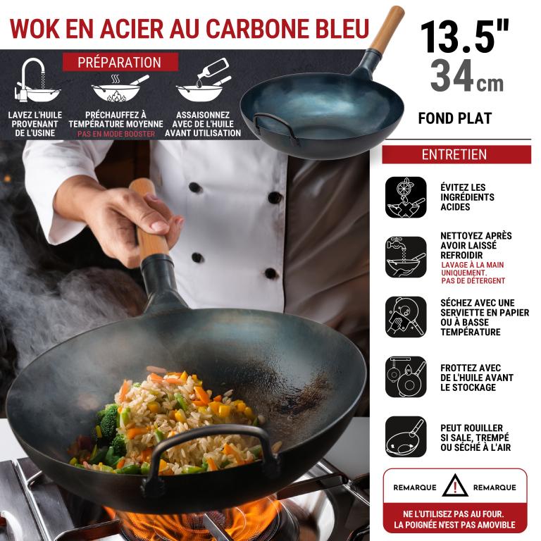 Yosukata 34cm Wok en Acier au Carbone Bleu (Fond Plat, Pré-Assaisonnés)