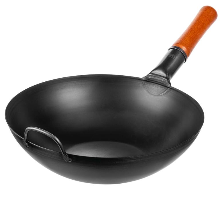 Yosukata 30cm Wok en Acier au Carbone Noir (Fond Plat, Pré-Assaisonnés)