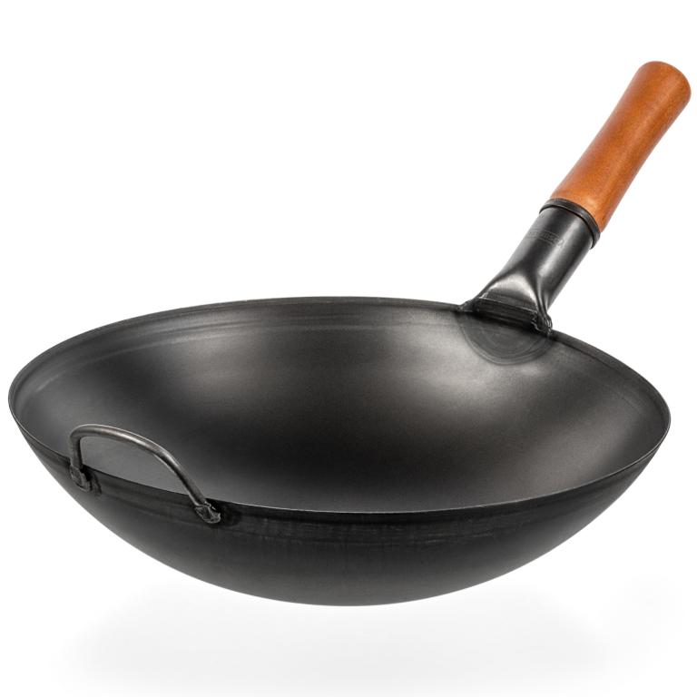 Yosukata 36cm Wok en Acier au Carbone Noir (Fond Rond, Pré-Assaisonnés)