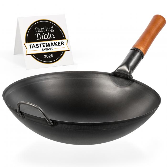 36cm Wok en Acier au Carbone Noir (Fond Rond, Pré-Assaisonnés)