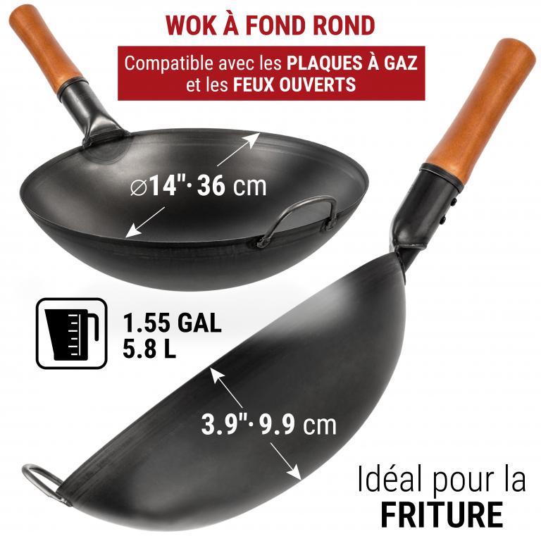 Yosukata 36cm Wok en Acier au Carbone Noir (Fond Rond, Pré-Assaisonnés)