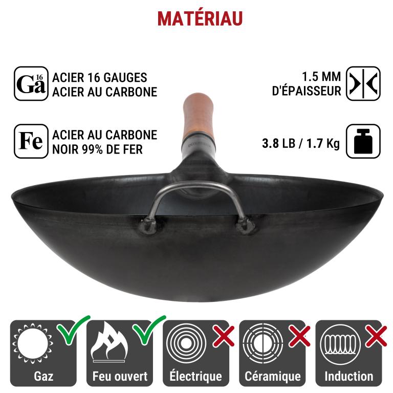 Yosukata 36cm Wok en Acier au Carbone Noir (Fond Rond, Pré-Assaisonnés)