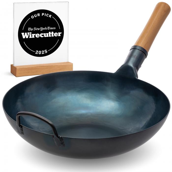 Yosukata 34cm Wok en Acier au Carbone Bleu (Fond Plat, Pré-Assaisonnés)