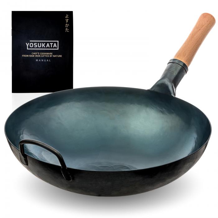Yosukata 36cm Woks en Acier au Carbone Bleu (Fond Rond, Pré-Assaisonnés)