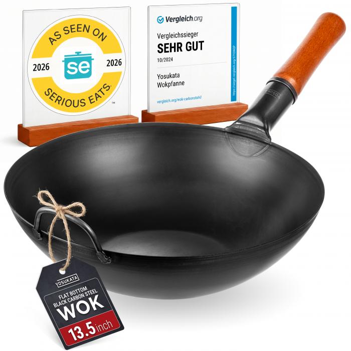 34cm Wok en Acier au Carbone Noir (Fond Plat, Pré-Assaisonnés)